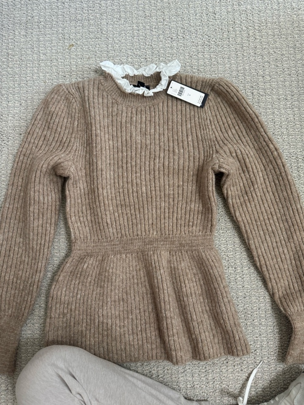 Wilfred Taupe Ribbed Peplum Sweater with White Ruffle